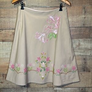 Basil & Maude Khaki Lily Beaded Skirt size 6 A-Line Statement Vintage-inspired